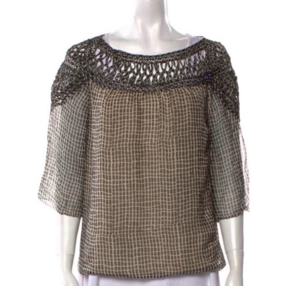 3.1 Phillip Lim Kojima Silk Shirt Blouse 100% Tan/Black Semi Sheer-Size 0 - EUC